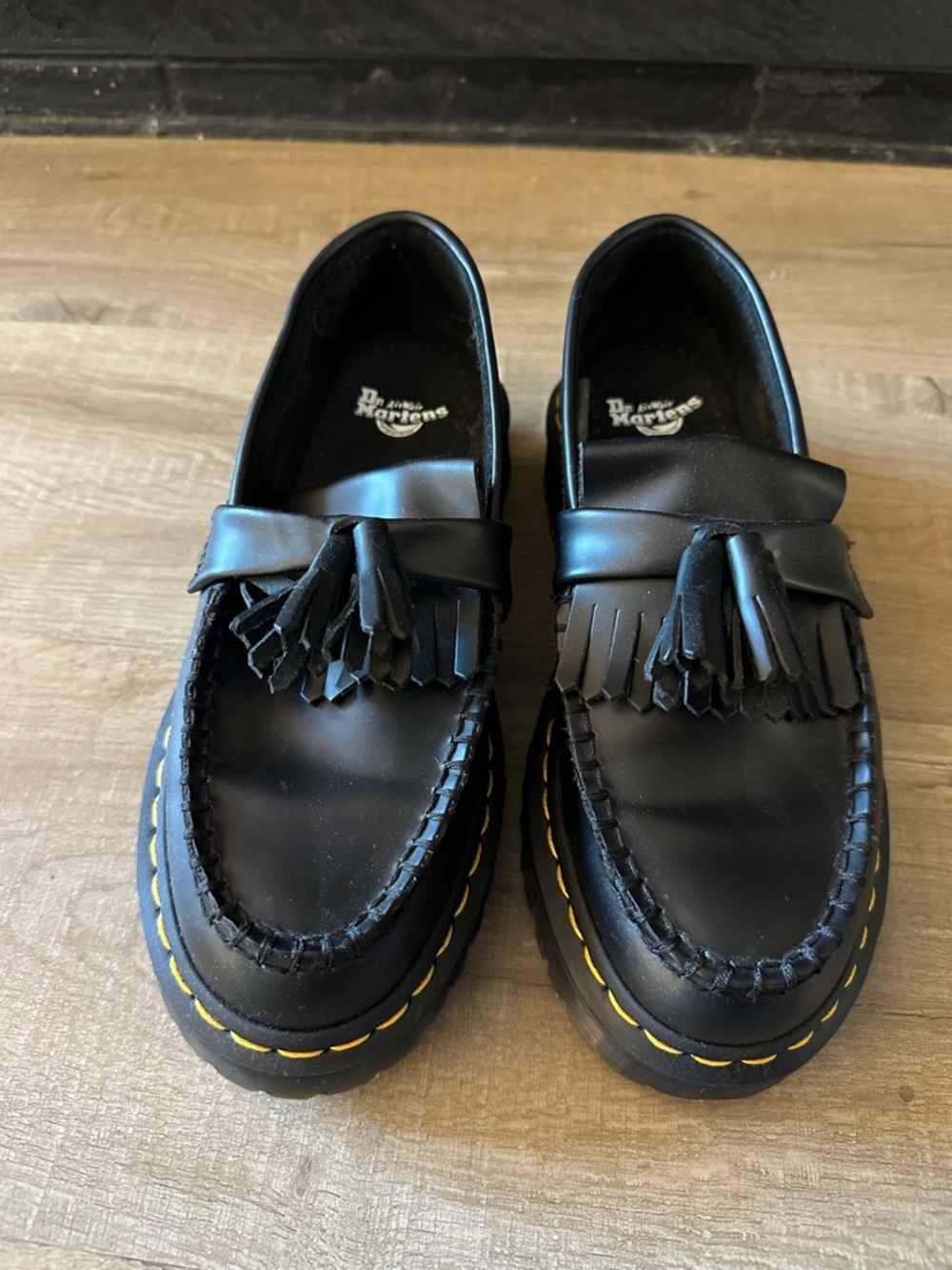 Dr. Martens Black Leather Tassel Loafers with Yellow Stitching